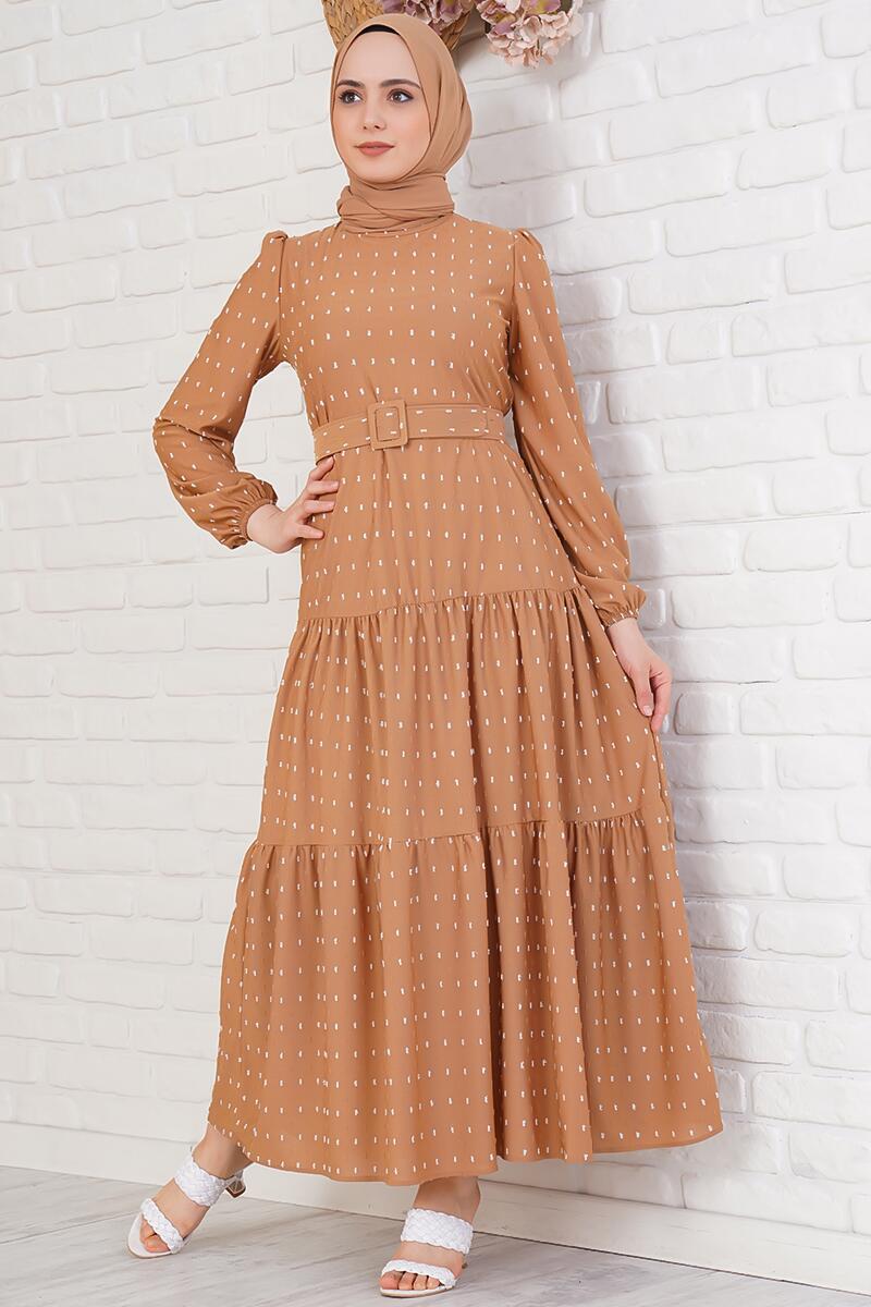 Pıtpıt Desenli Kemerli Camel Elbise AY3654