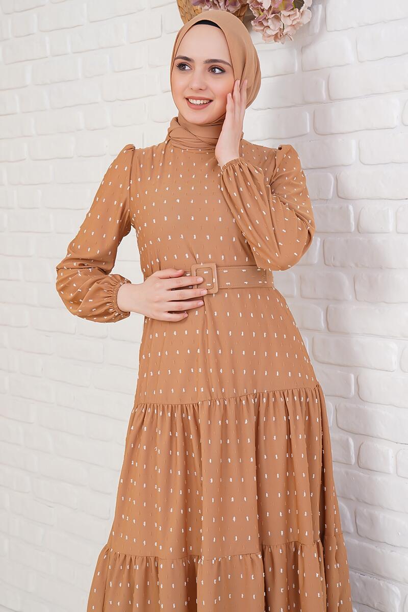 Pıtpıt Desenli Kemerli Camel Elbise AY3654