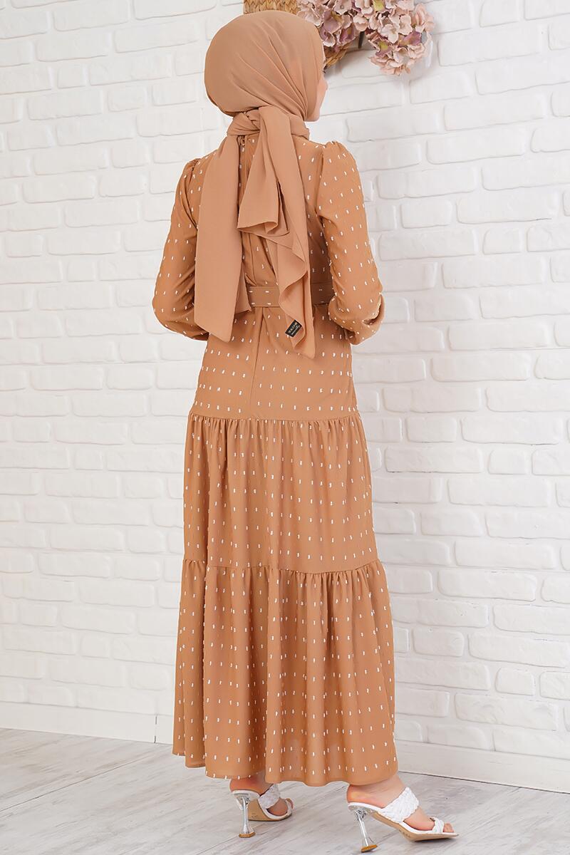 Pıtpıt Desenli Kemerli Camel Elbise AY3654