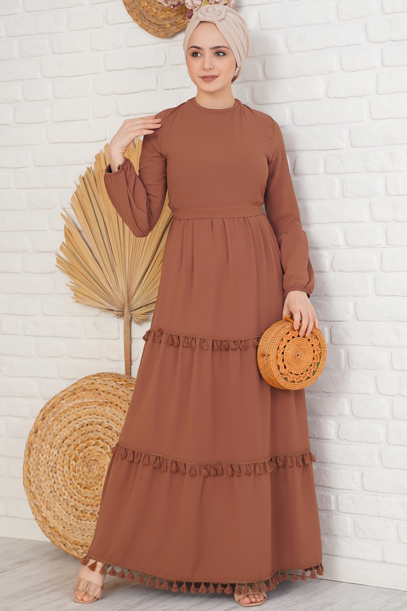 Katları Püskül Detaylı Camel Elbise AY3666