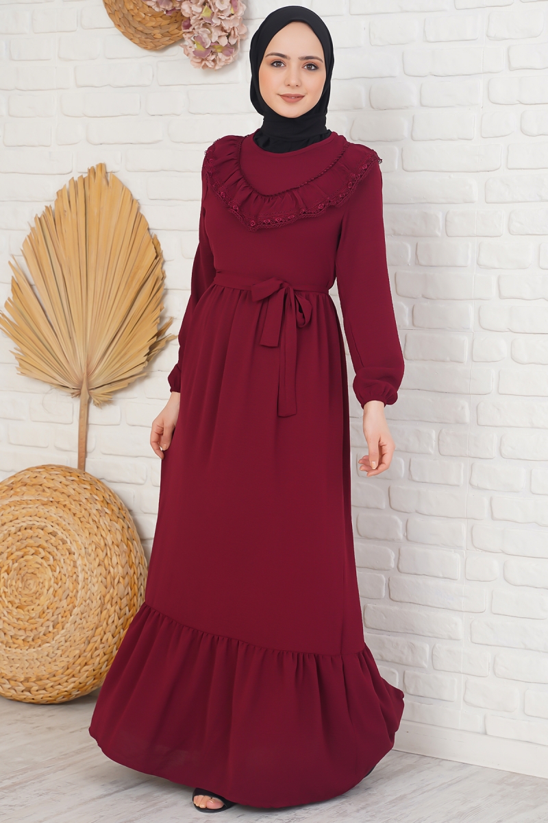 Yakası Dantel Detaylı Kemerli Bordo Elbise AY3670