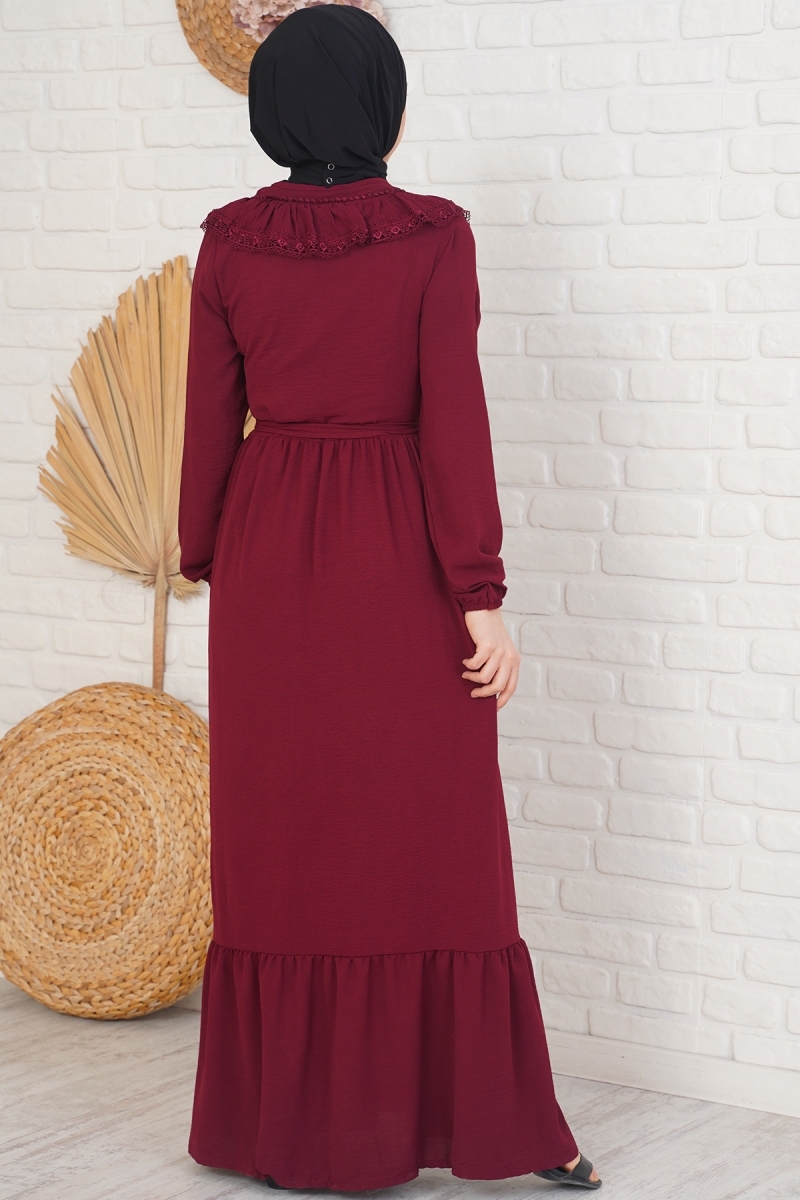 Yakası Dantel Detaylı Kemerli Bordo Elbise AY3670