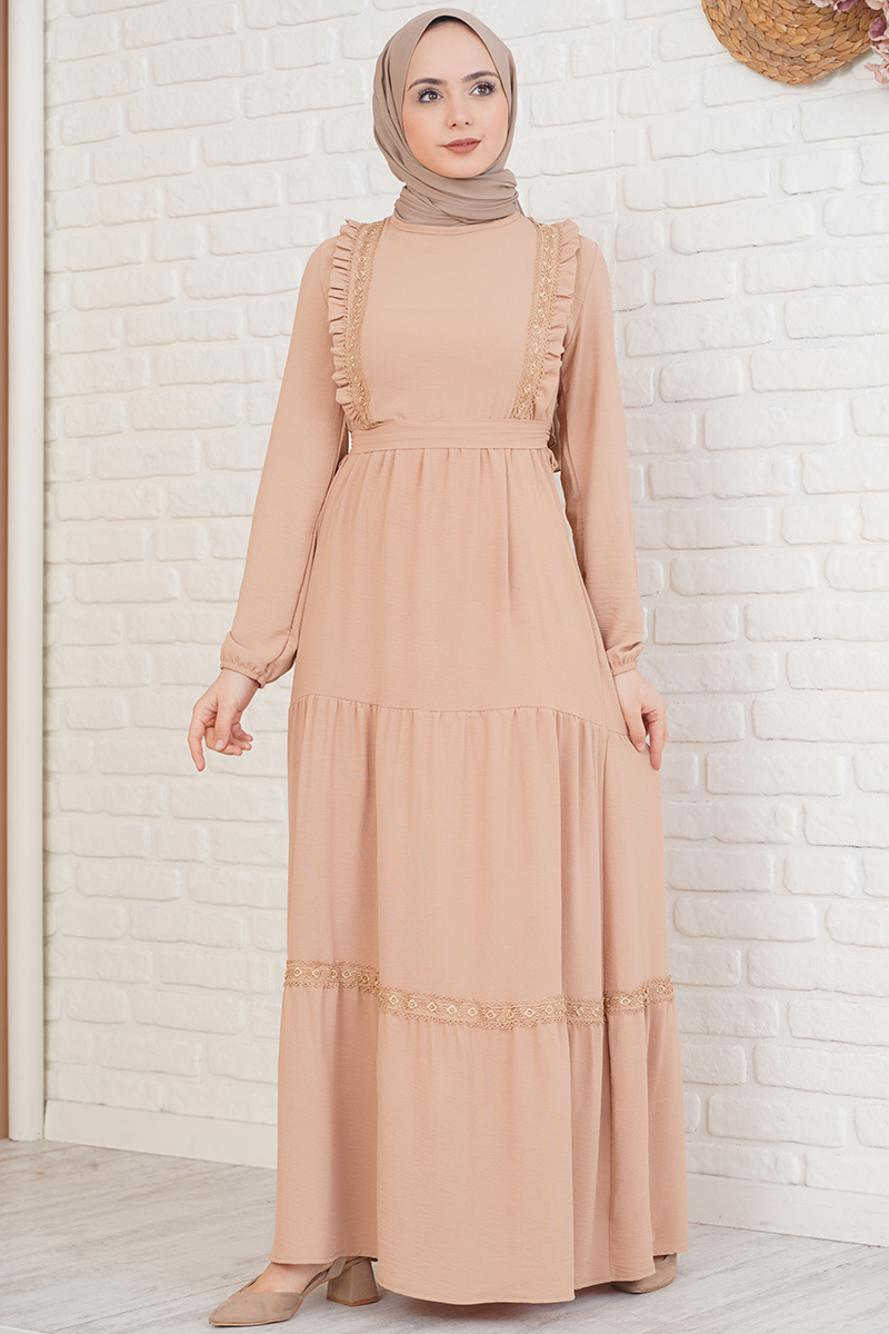 Fırfırı Dantel Süslemeli Camel Elbise AY3672