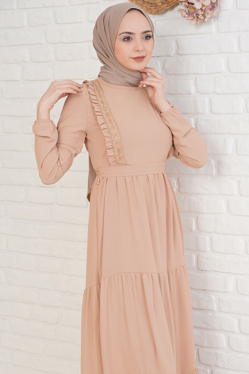 Fırfırı Dantel Süslemeli Camel Elbise AY3672