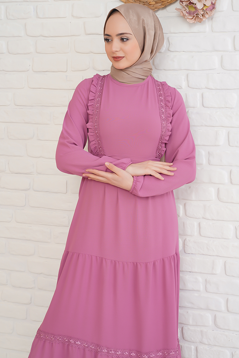 Fırfırı Dantel Süslemeli Magenta Elbise AY3672