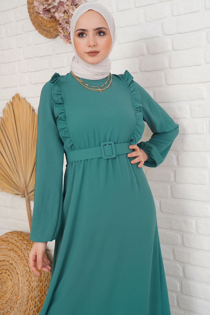 Kemerli Önü Fırfırlı Yeşil Elbise AY3676