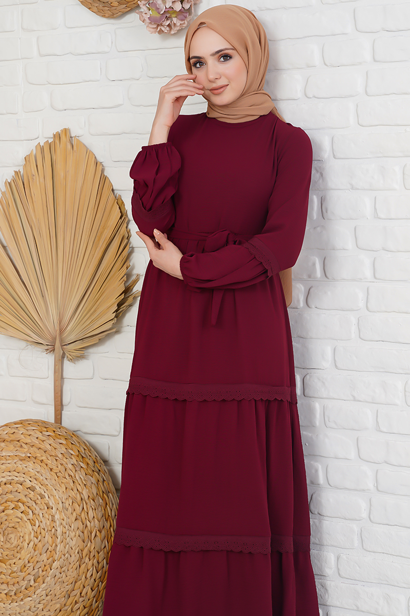 Katları Dantel İşlemeli Bordo Elbise AY3680