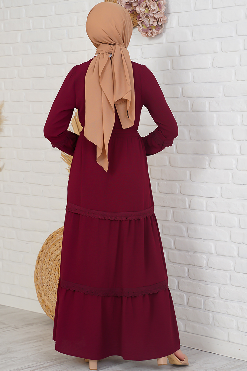 Katları Dantel İşlemeli Bordo Elbise AY3680