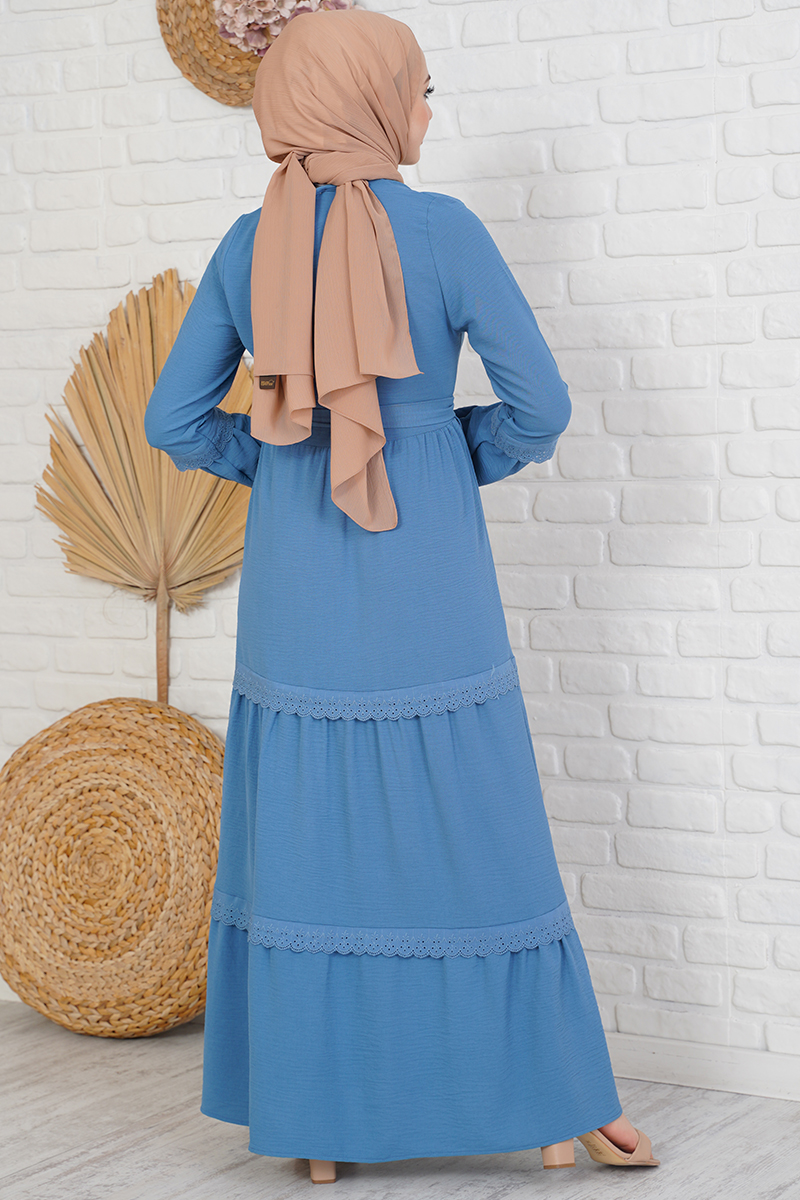 Katları Dantel İşlemeli İndigo Elbise AY3680