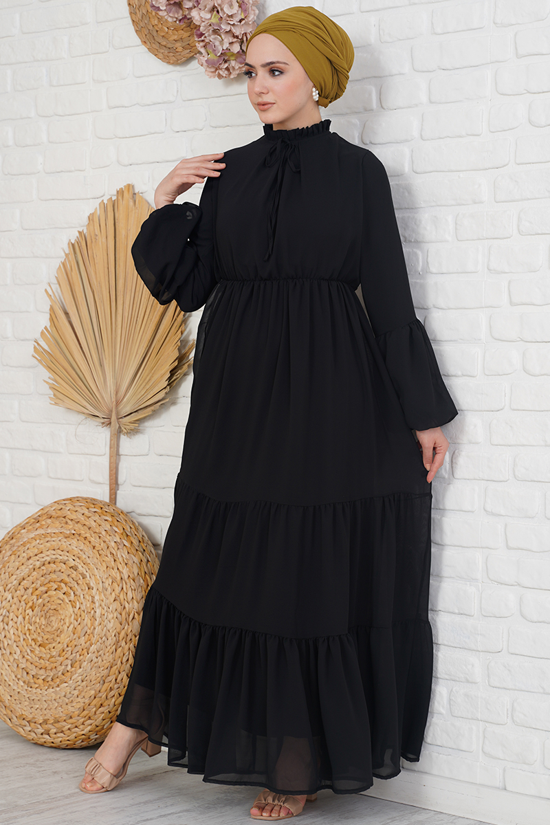 Yakası Fırfırlı Bağlamalı Siyah Şifon Elbise AY3682