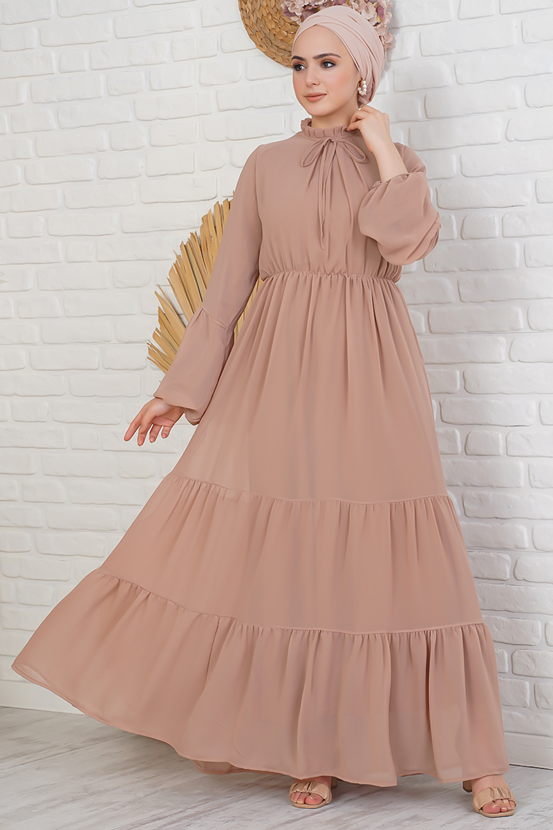 Yakası Fırfırlı Bağlamalı Vizon Şifon Elbise AY3682