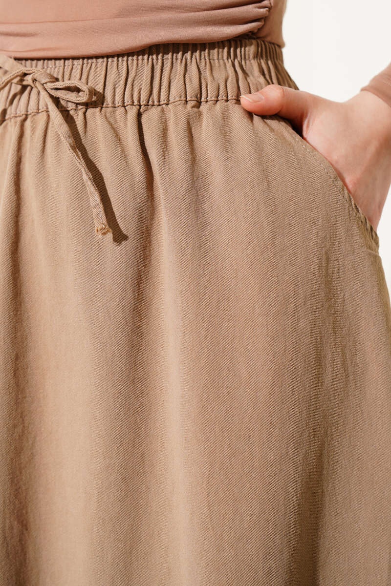 Bel Lastikli Cepli Gabardin Etek Camel AY3768