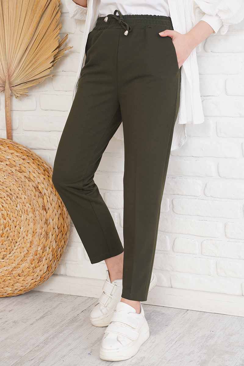 İp Detaylı Beli Lastikli Dar Paça Haki Pantolon AY4002