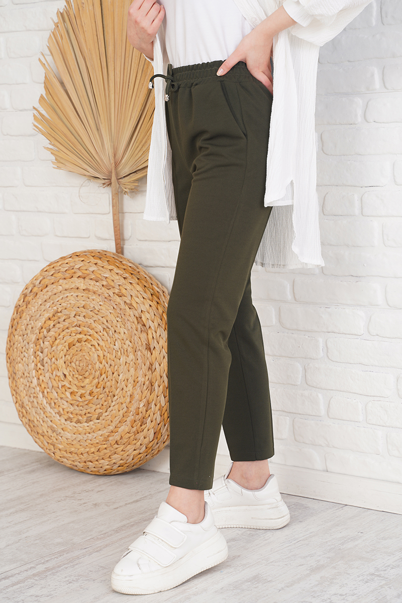 İp Detaylı Beli Lastikli Dar Paça Haki Pantolon AY4002