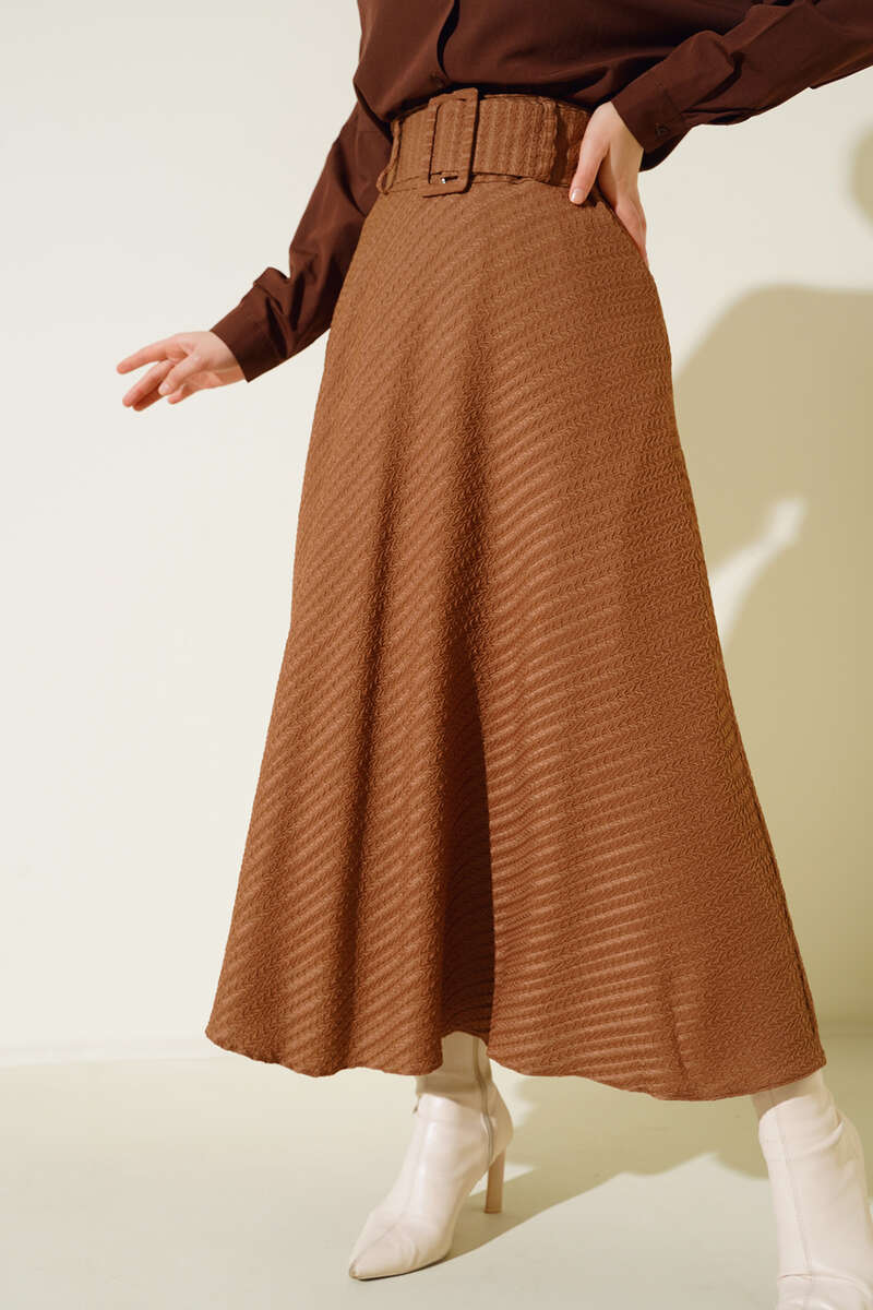 Kemerli Kabartma Desenli Etek Camel AY4196