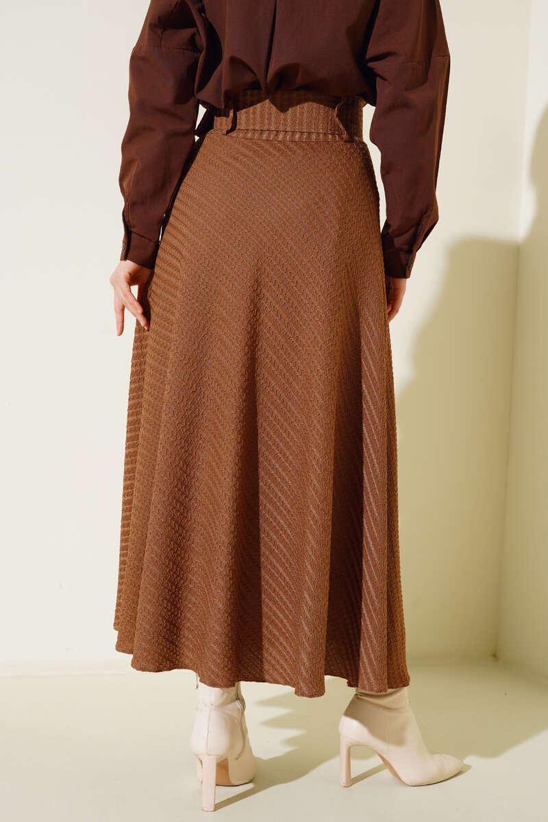 Kemerli Kabartma Desenli Etek Camel AY4196
