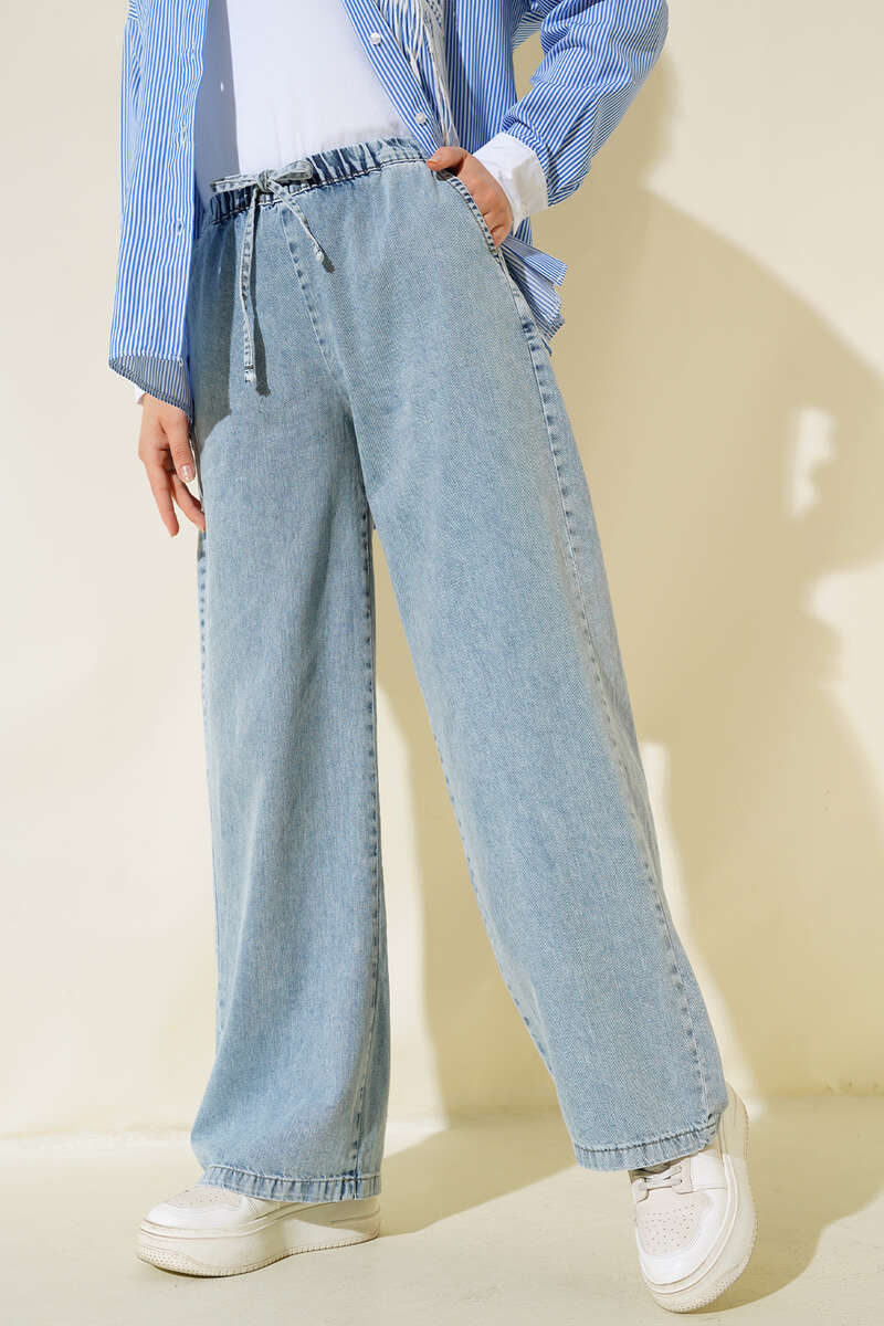 Bel Lastikli Geniş Paça Kot Pantolon Kot Mavisi AY4522