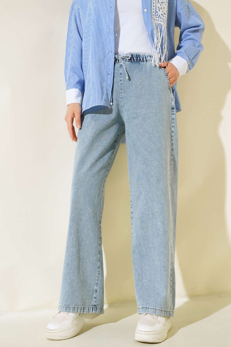Bel Lastikli Geniş Paça Kot Pantolon Kot Mavisi AY4522