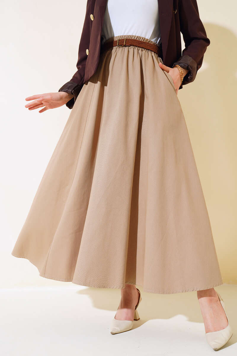 Kemerli Gabardin Etek Latte AY4554
