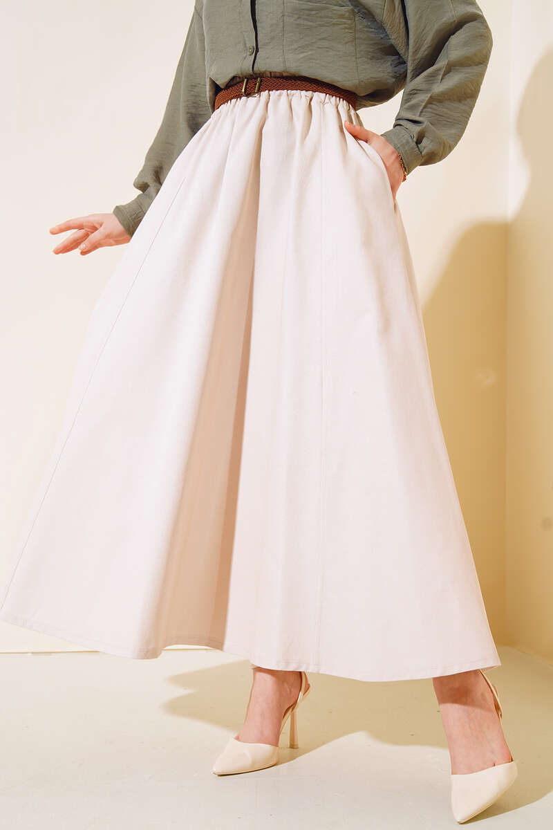 Kemerli Gabardin Etek Bej AY4554