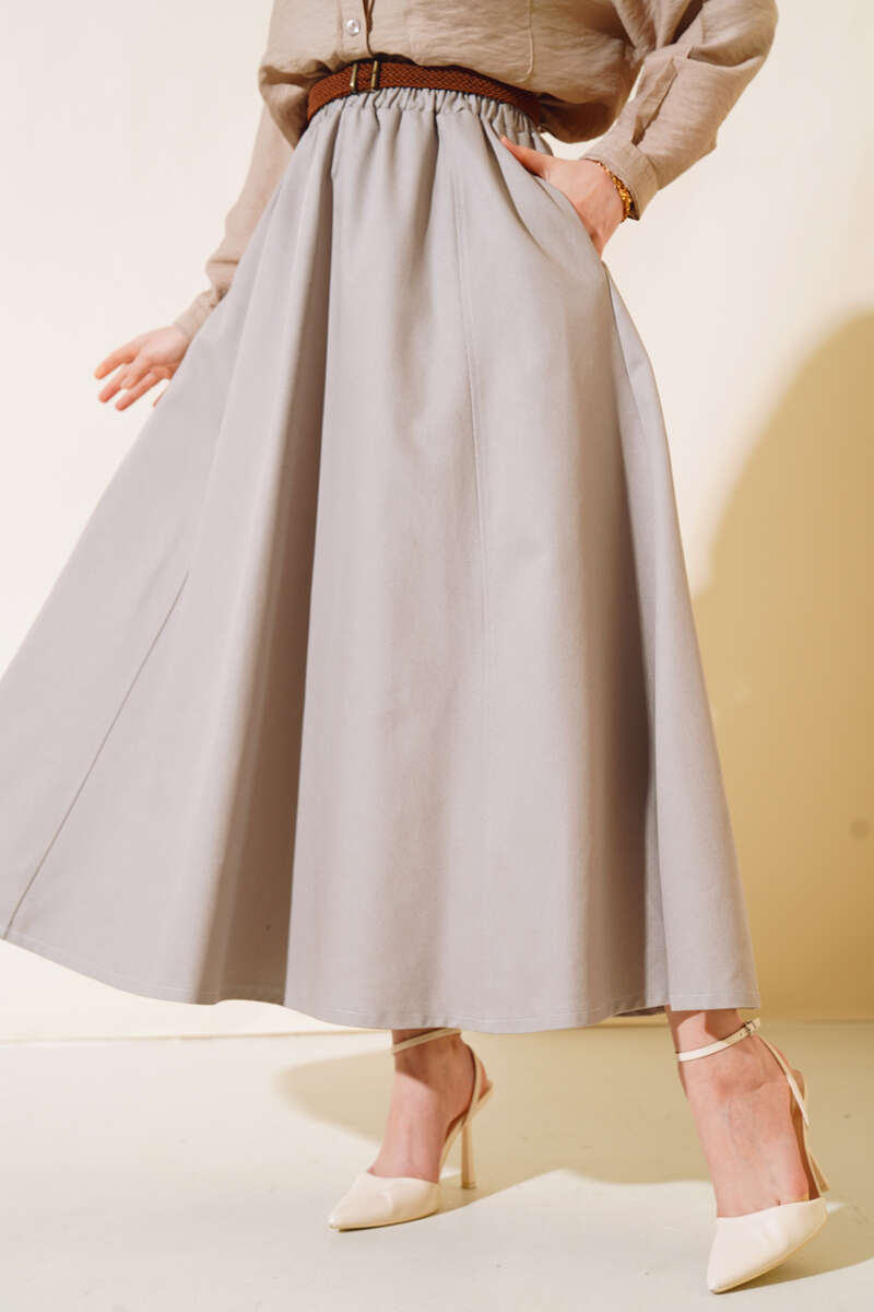 Kemerli Gabardin Etek Gri AY4554