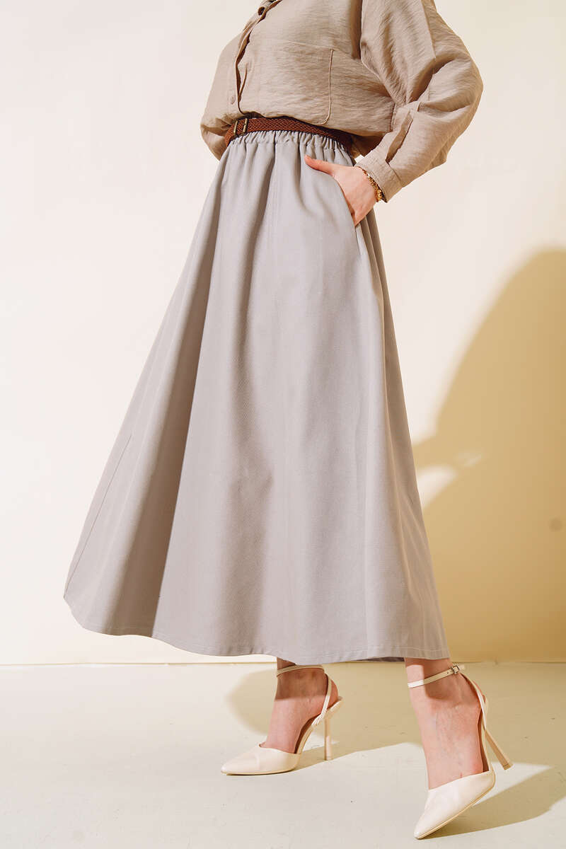 Kemerli Gabardin Etek Gri AY4554