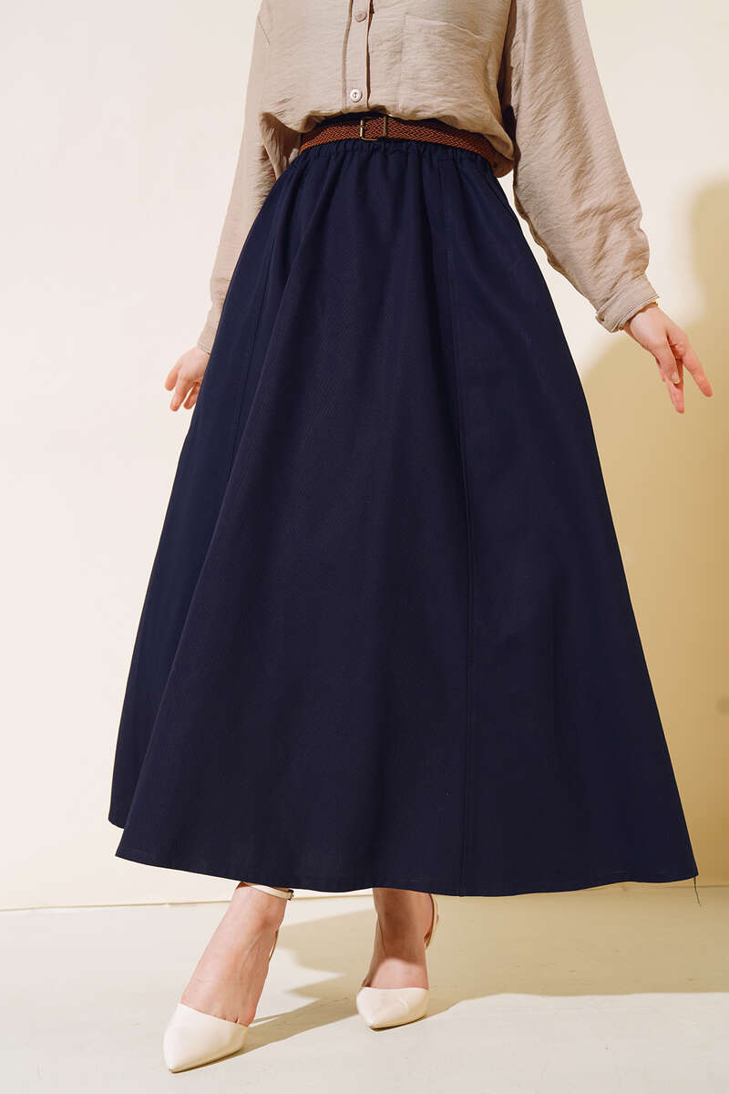 Kemerli Gabardin Etek Lacivert AY4554