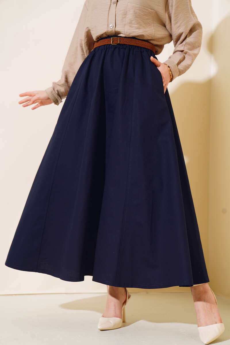 Kemerli Gabardin Etek Lacivert AY4554