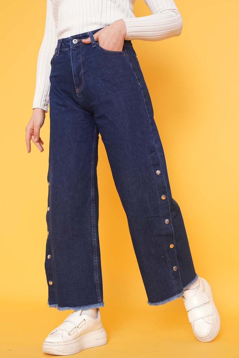 Yanları Çıtçıtlı Püsküllü Koyu Mavi Kot Pantolon  AY4946