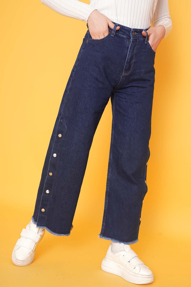 Yanları Çıtçıtlı Püsküllü Koyu Mavi Kot Pantolon  AY4946