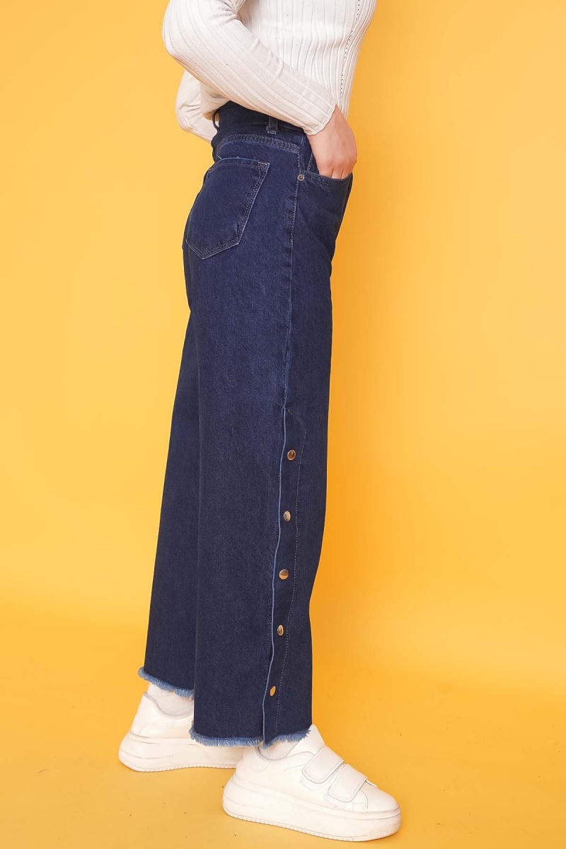 Yanları Çıtçıtlı Püsküllü Koyu Mavi Kot Pantolon  AY4946