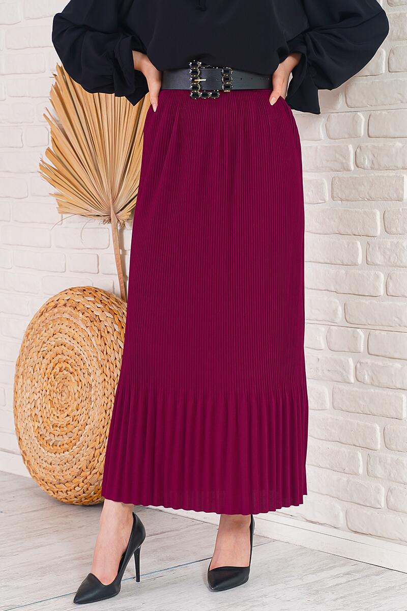 İnce Pliseli Bordo Etek AY4960