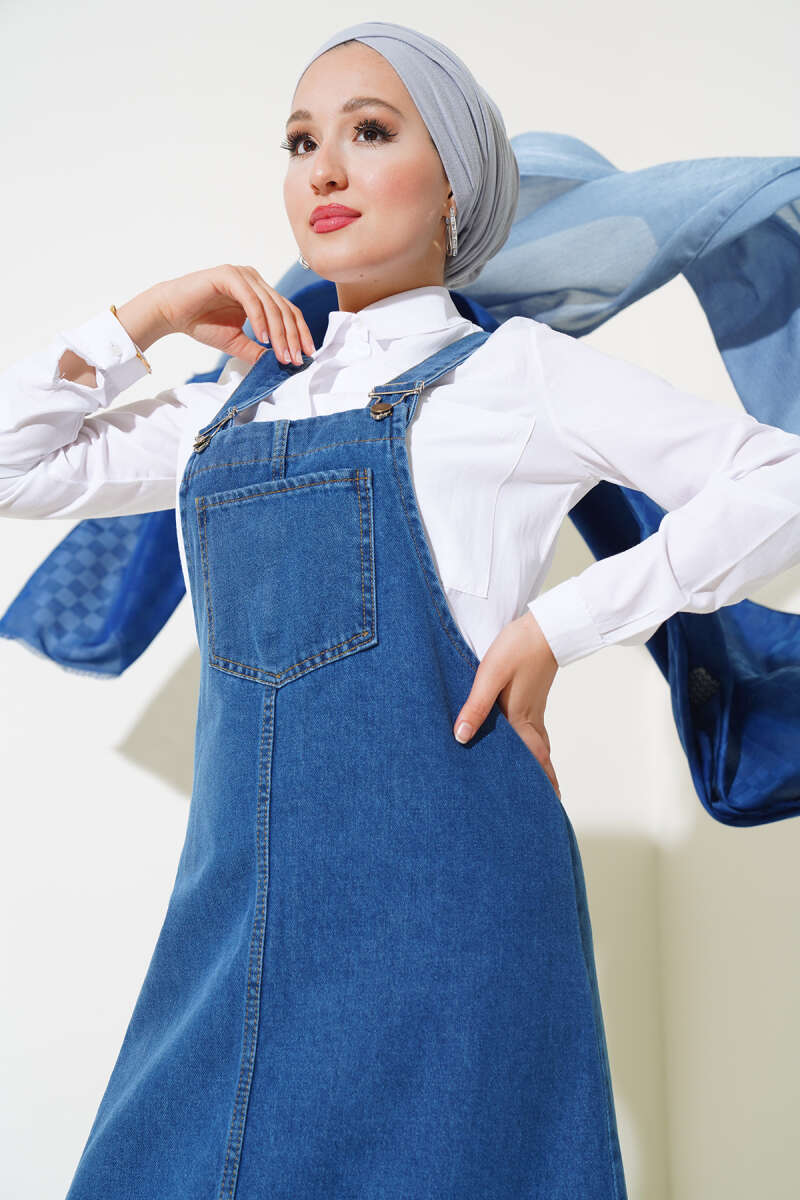 	 Göğüs Cepli Etekli Kot Slopet Mavi AY5154