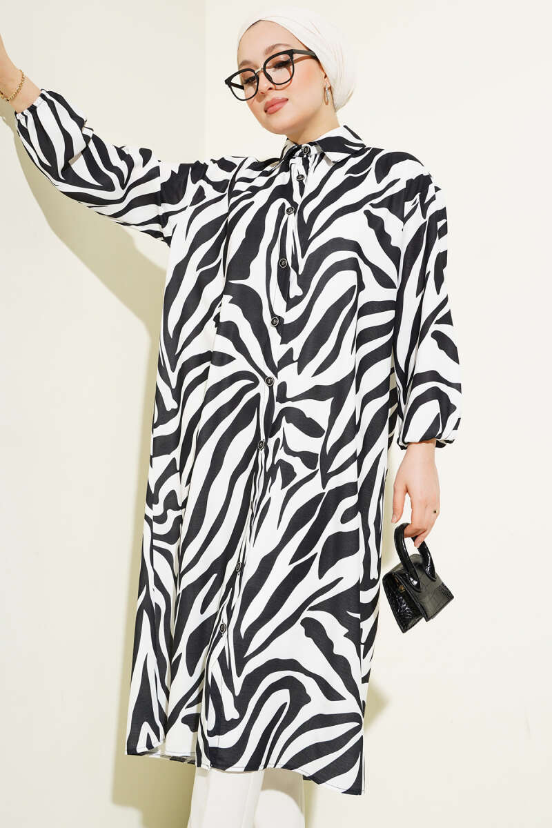 Zebra Desenli Uzun Gömlek Siyah AY5524