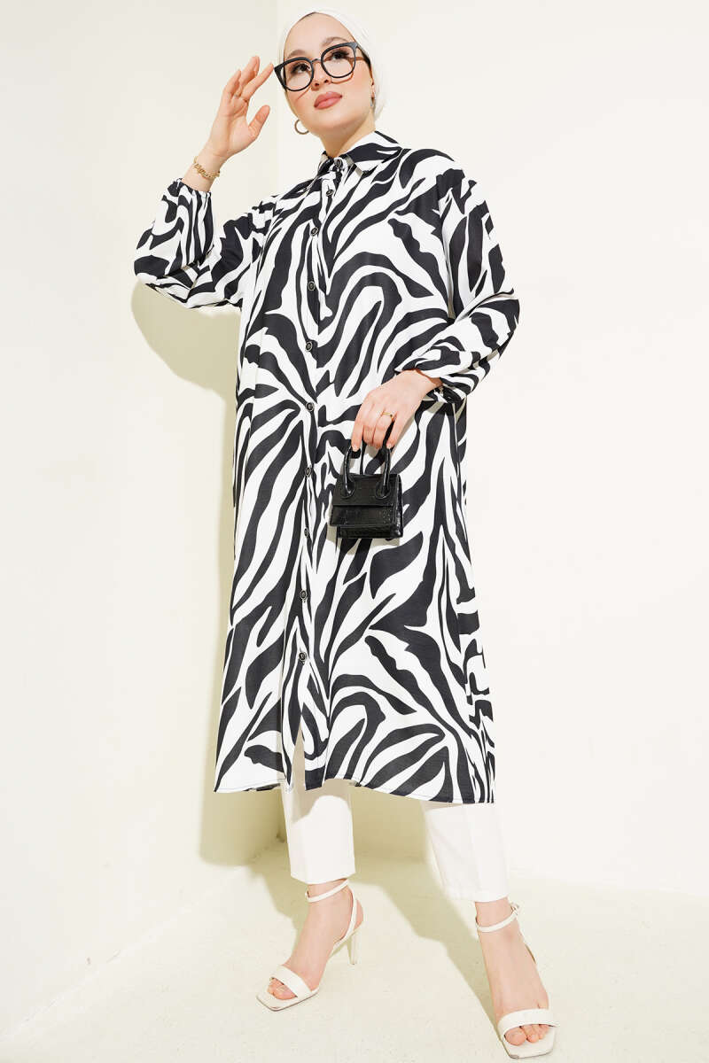 Zebra Desenli Uzun Gömlek Siyah AY5524
