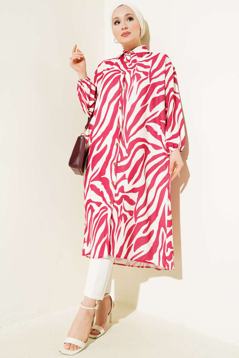 Zebra Desenli Uzun Gömlek Bordo AY5524