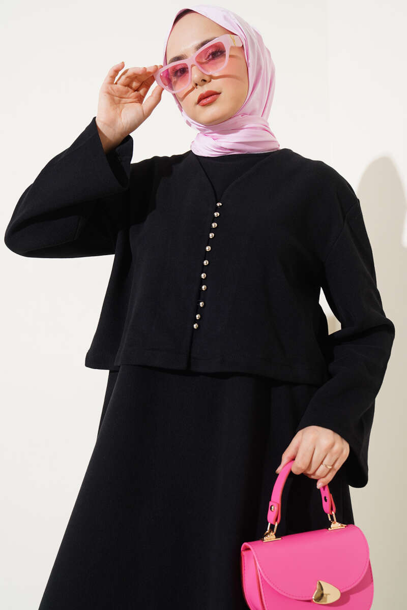 Önü Mini Düğmeli Elbise İkili Takım Siyah AY6402