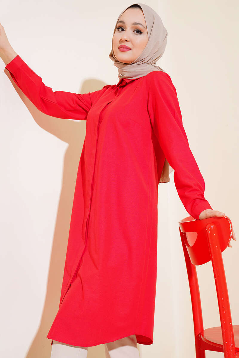 Uzun Model Klasik Yaka Tunik Kırmızı AY6976