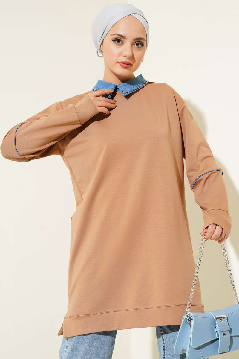 Yaka Taşlı İki İplik Tunik Camel AY6994