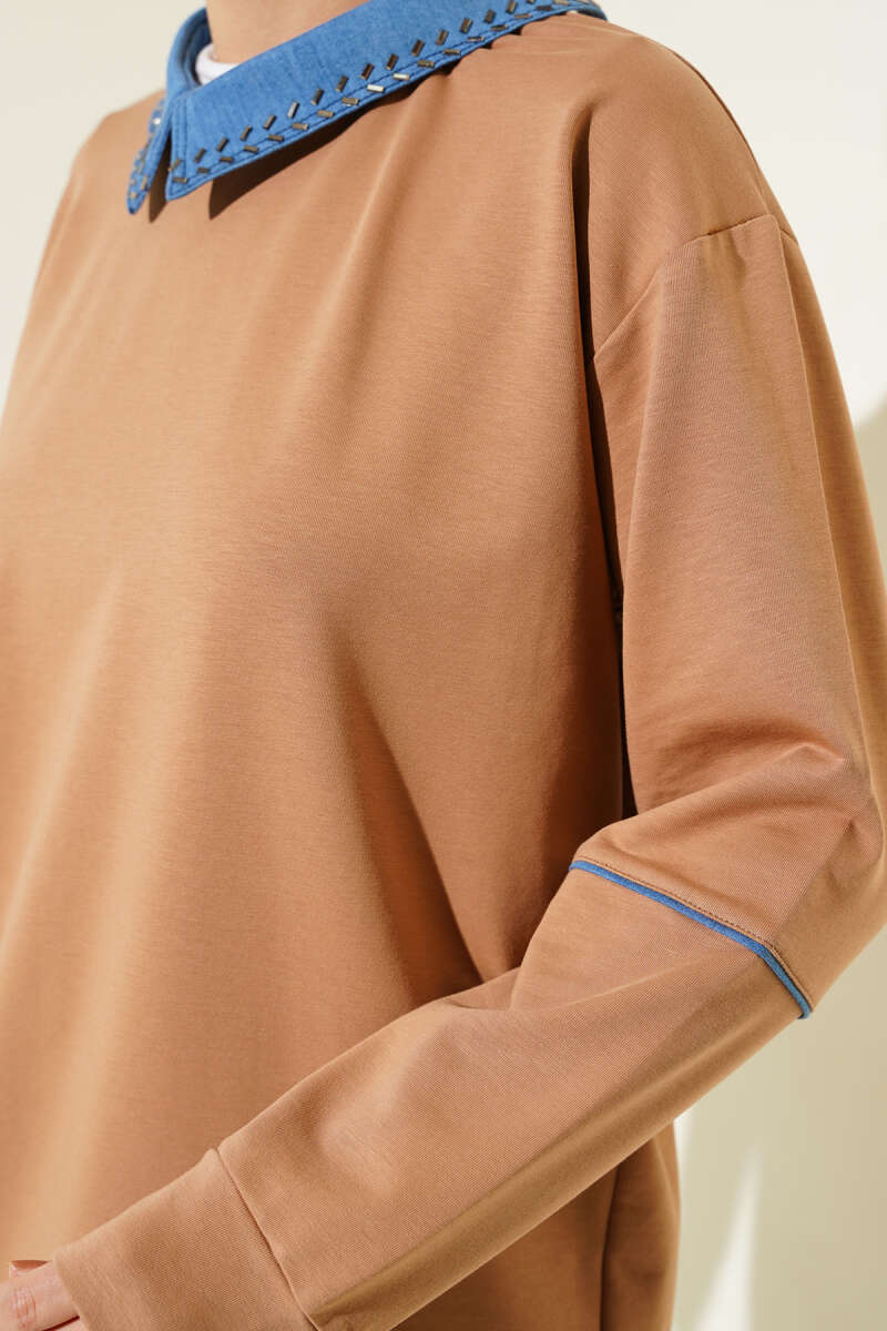 Yaka Taşlı İki İplik Tunik Camel AY6994