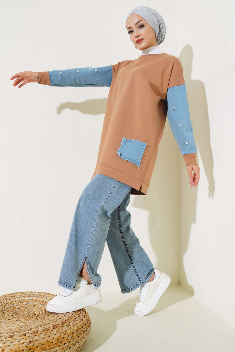 Kot Garnili İncili Tunik Camel AY7246