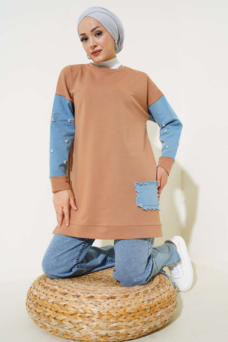 Kot Garnili İncili Tunik Camel AY7246