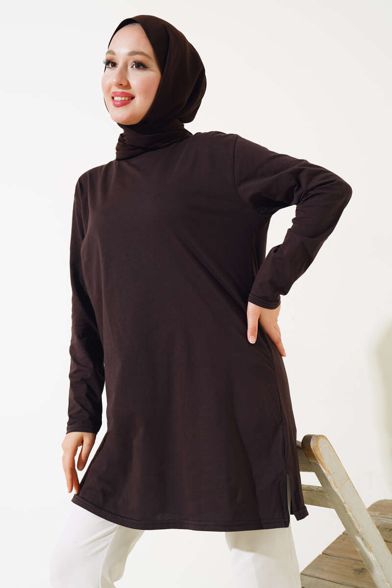 Uzun Kol Basic Tunik Acı Kahve AY7254