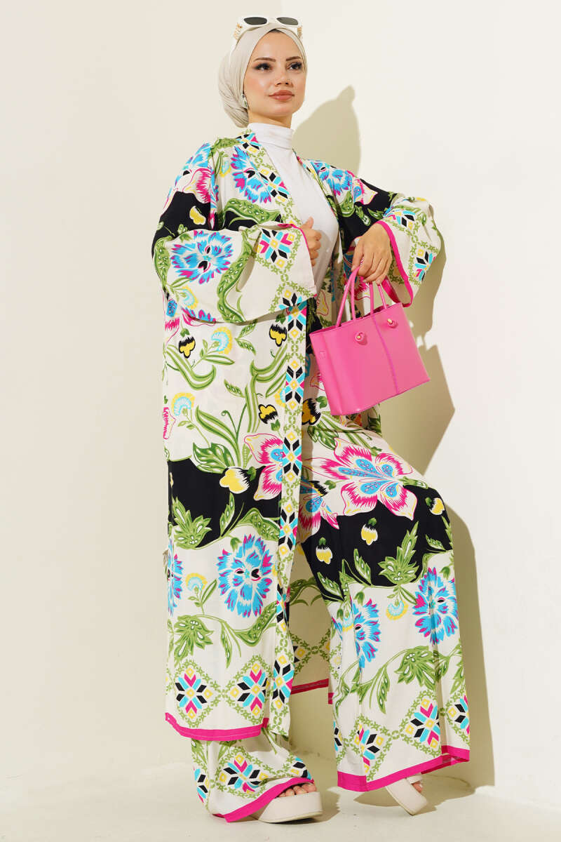 Etnik Desen Kimono İkili Takım Yeşil AY7454