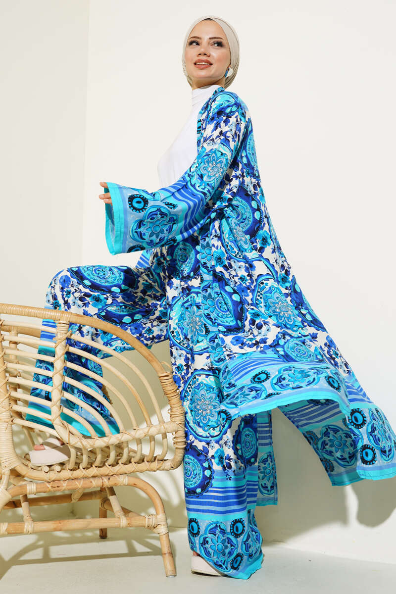 Etnik Desen Kimono İkili Takım Mavi AY7454
