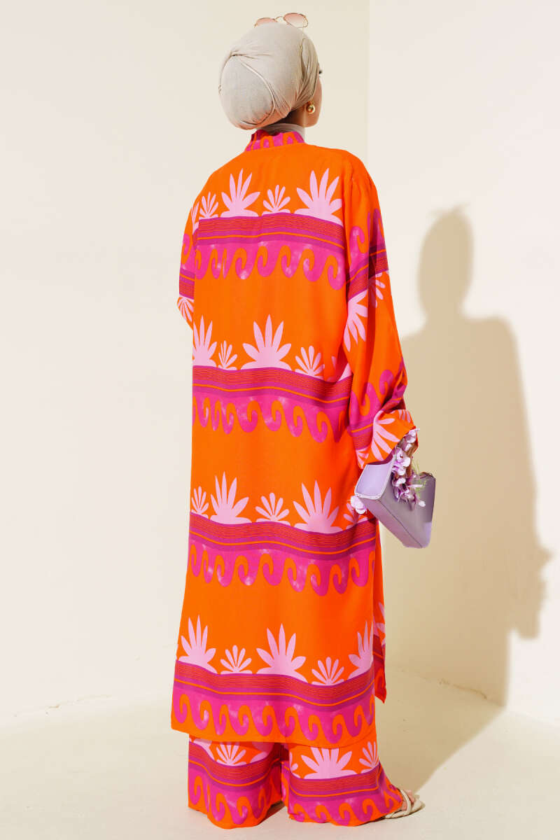 Etnik Desen Kimono İkili Takım Oranj Fuşya AY7454
