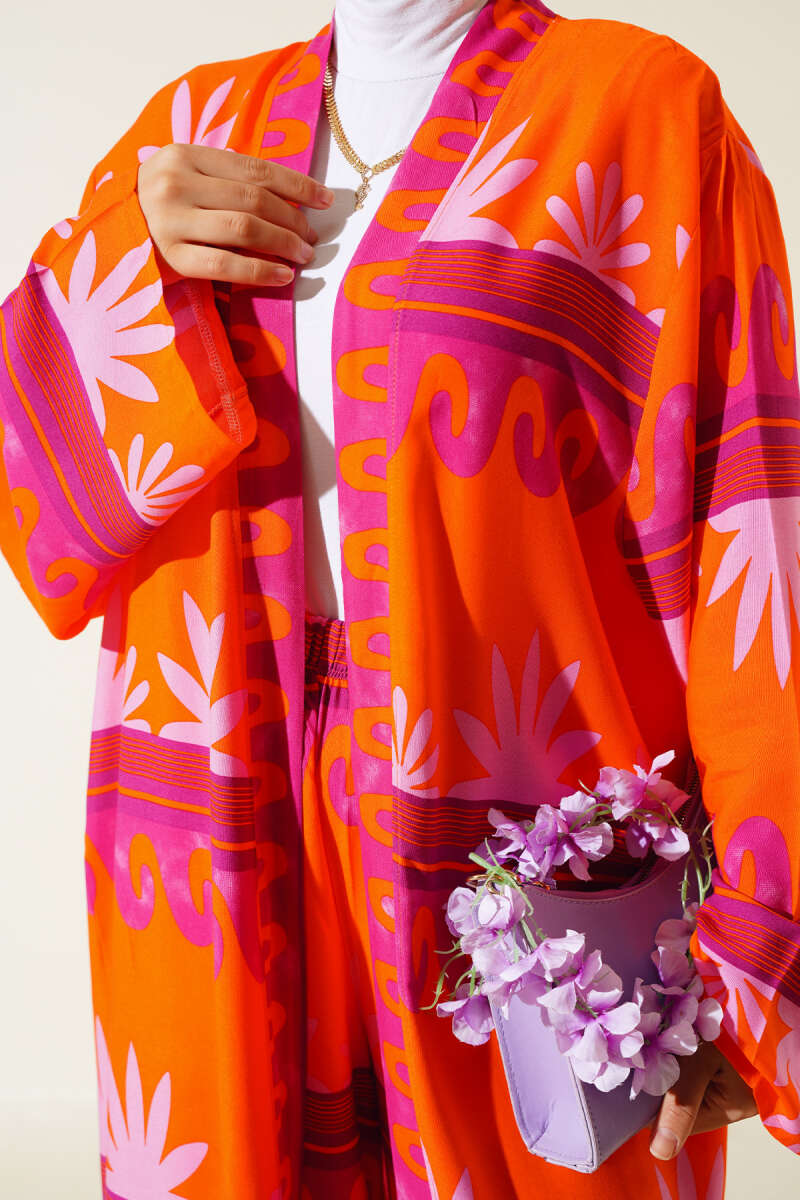Etnik Desen Kimono İkili Takım Oranj Fuşya AY7454