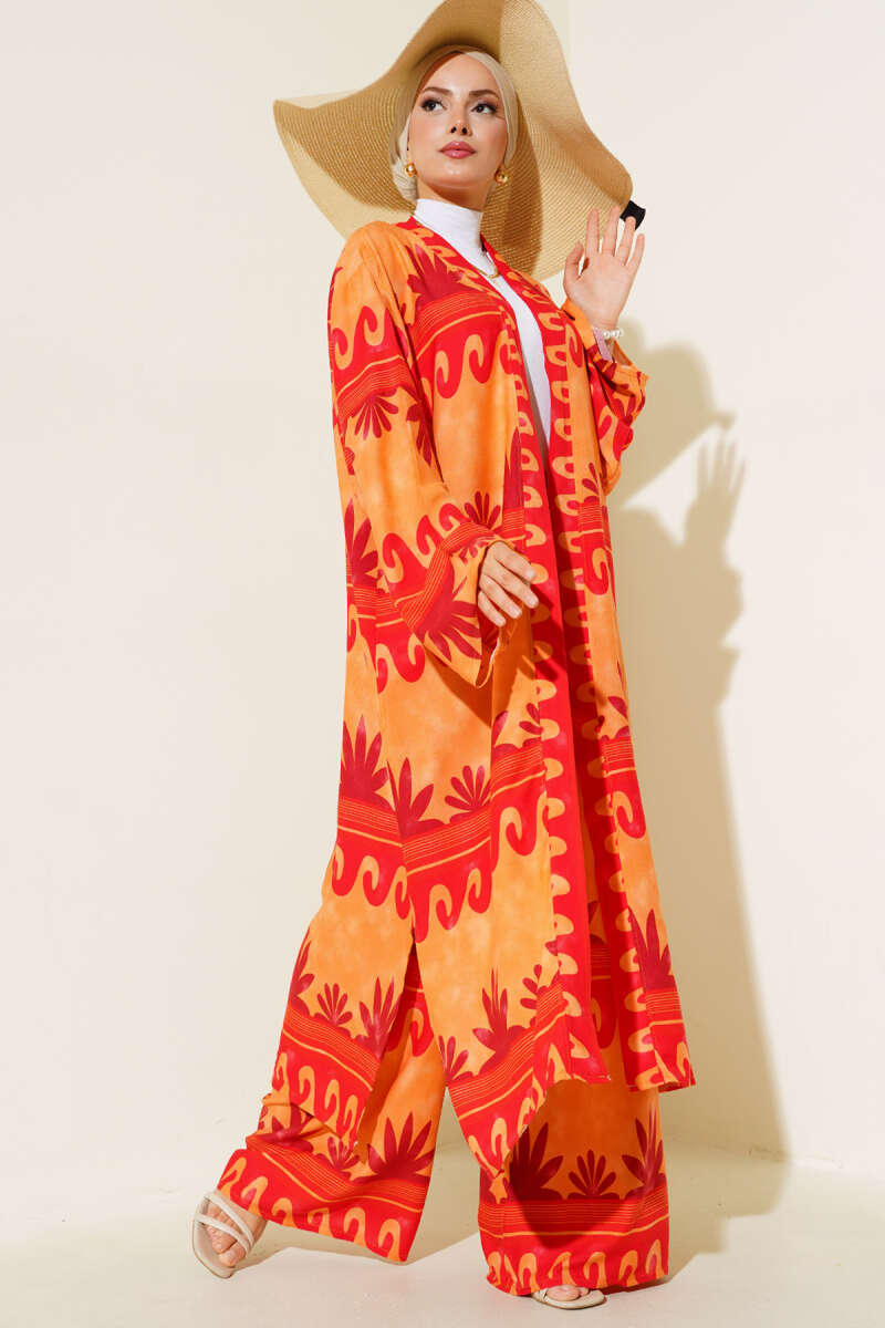 Etnik Desen Kimono İkili Takım Oranj Kırmızı AY7454
