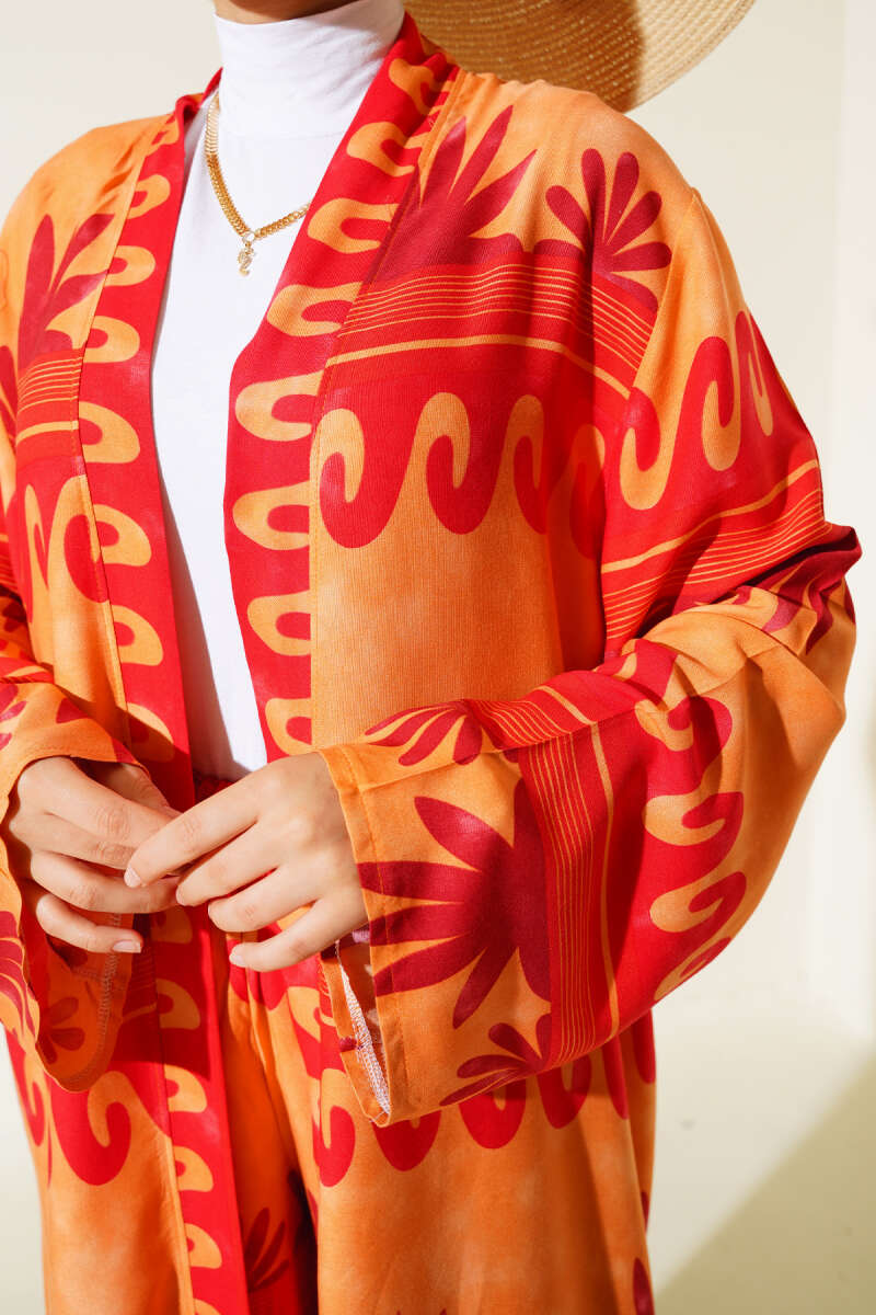 Etnik Desen Kimono İkili Takım Oranj Kırmızı AY7454