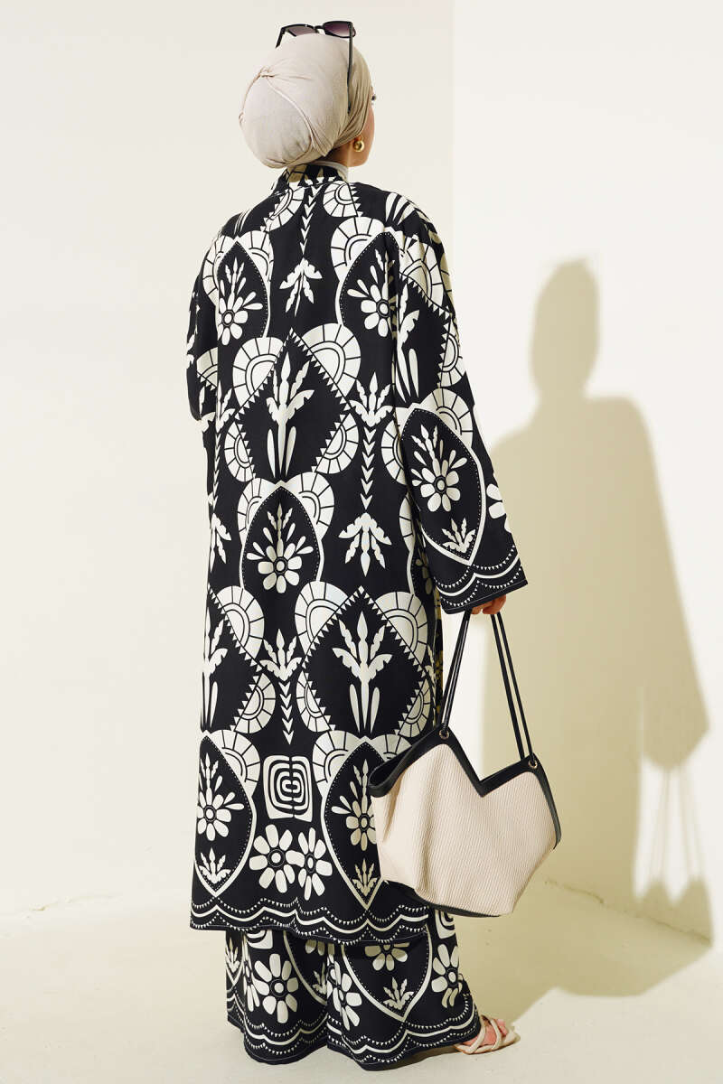 Etnik Desen Kimono İkili Takım Siyah Ekru AY7454